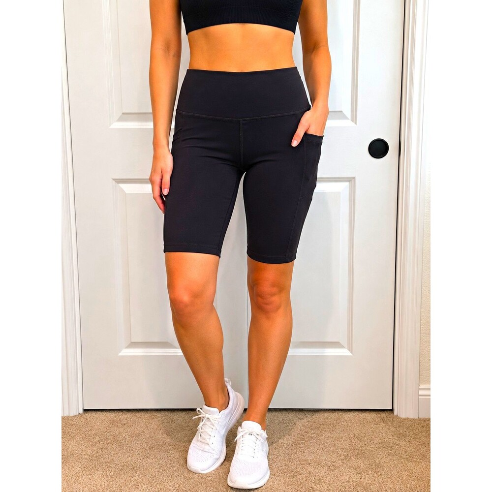 Women’s Black Biker Shorts Stretch Pockets Gym Training